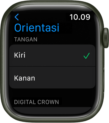 Layar Orientasi pada Apple Watch. Anda dapat mengatur preferensi pergelangan tangan dan Digital Crown Anda.