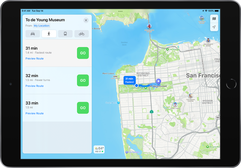 A map with several walking routes, each listed with a Go button in the route card on the left.