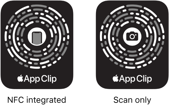 On the left, an NFC-integrated App Clip Code with an iPhone icon in the center. On the right, a scan-only App Clip Code with a camera icon in the center.