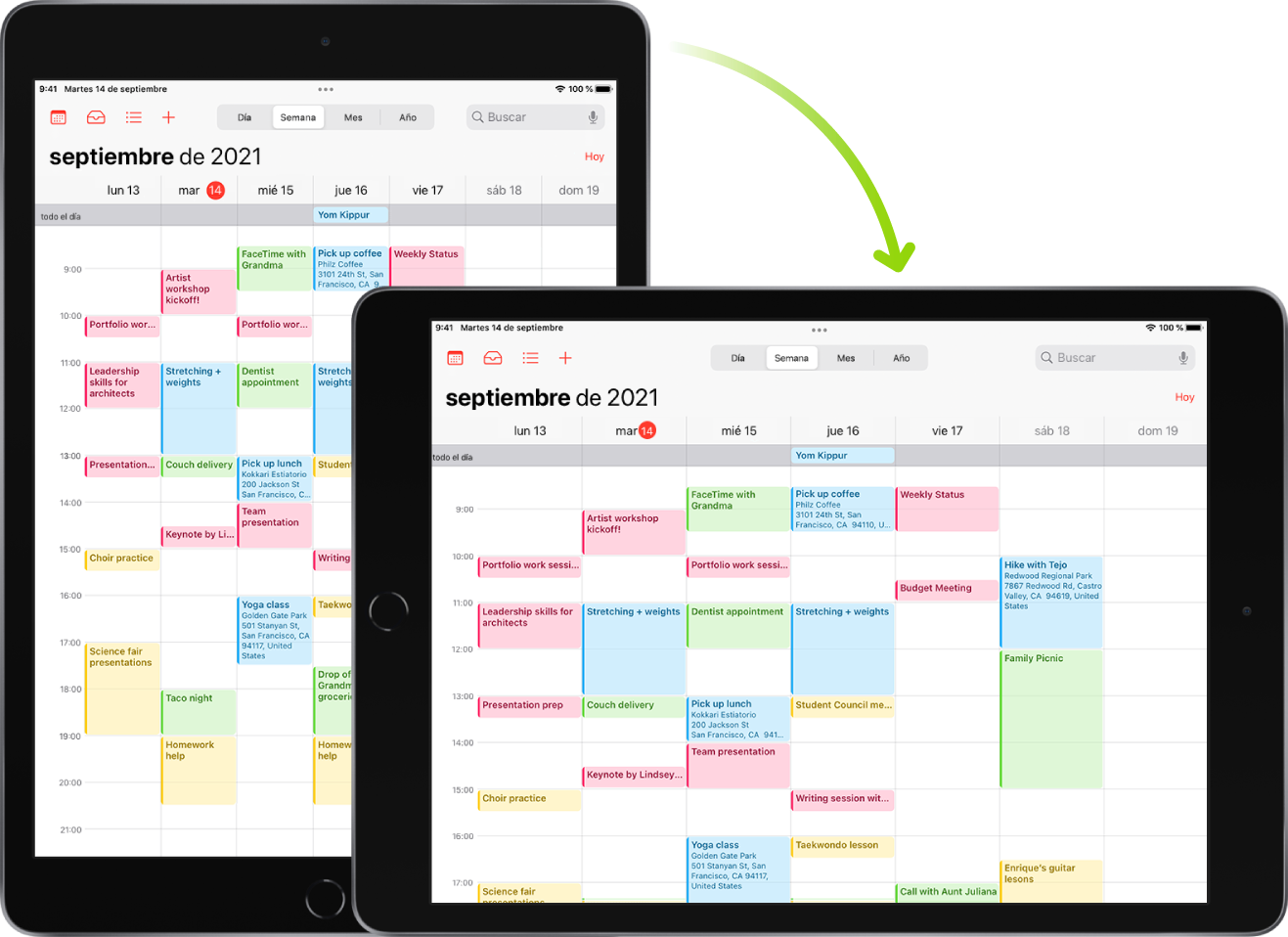 En segundo plano, el iPad muestra una pantalla de Calendario en orientación vertical y, en primer plano, el iPad se ha girado para mostrar la pantalla en horizontal.