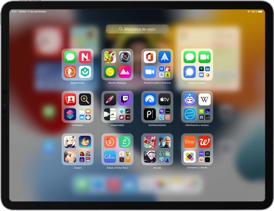Biblioteca de apps del iPad con las apps organizadas por categorías (“Productividad y finanzas”, “Redes sociales”, Creatividad, etc.).