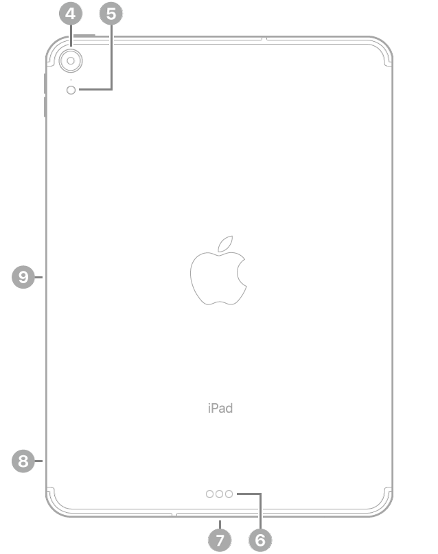 La vue de dos de l’iPad Pro, avec des légendes liées à l’appareil photo arrière et au flash en haut à gauche, au Smart Connector et au connecteur USB-C en bas au centre, au support pour carte SIM (Wi-Fi + Cellular) en bas à gauche, ainsi qu’au connecteur magnétique pour l’Apple Pencil à gauche.