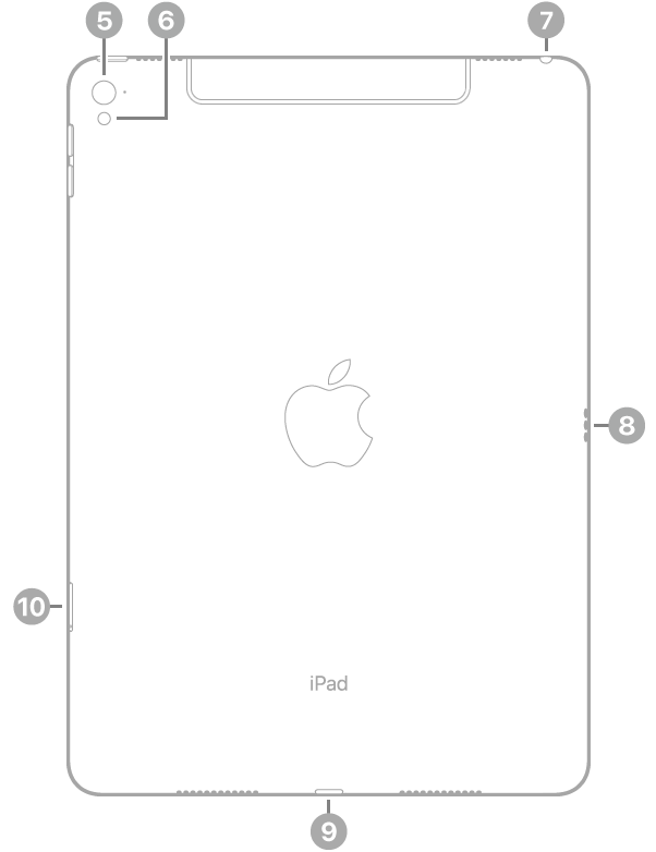 La vue de dos de l’iPad Pro, avec des légendes liées à l’appareil photo arrière et au flash en haut à gauche, à la prise casque en haut à droite, au Smart Connector à droite, au connecteur Lightning en bas au centre, ainsi qu’au support pour carte SIM (Wi-Fi + Cellular) en bas à gauche.