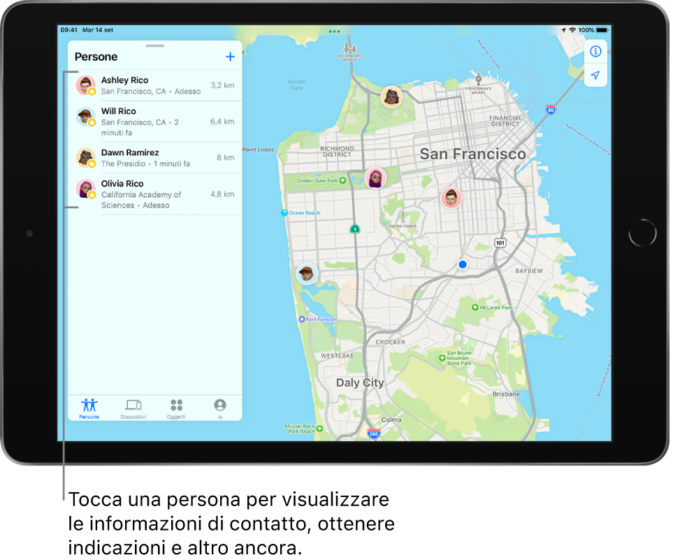 La schermata di Dov'è aperta sull'elenco Persone. Nell'elenco sono visibili quattro persone: Alice Ricci, Guglielmo Ricci, Daria Rossi e Olivia Ricci. Le loro posizioni sono mostrate su una mappa di San Francisco.
