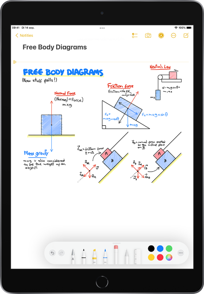 Handgetekende drukdiagrammen in de Notities-app met formules en notities. Onder in het scherm zie je de markeringsknoppenbalk met tekengereedschappen en kleurselecties.