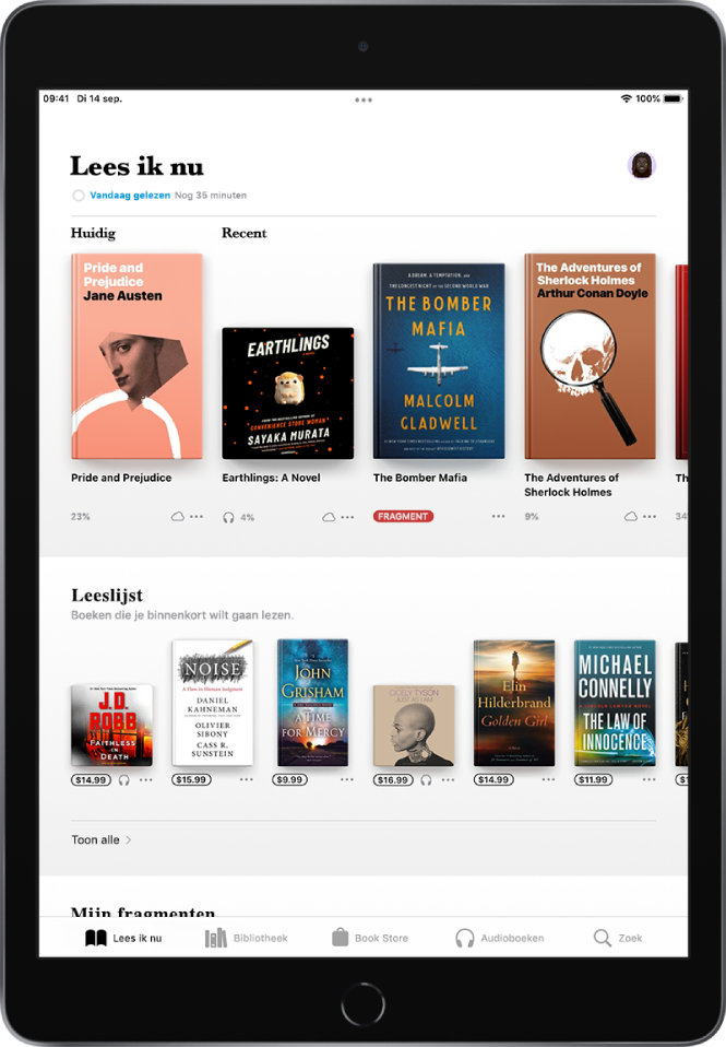 Een scherm in de Boeken-app. Onder in het scherm staan van links naar rechts de tabbladen 'Lees ik nu', 'Bibliotheek', 'Book Store', 'Audioboeken' en 'Zoek'. Het tabblad 'Lees ik nu' is geselecteerd. Boven in het scherm bevindt zich het gedeelte 'Lees ik nu', waarin de boeken worden weergegeven die nu worden gelezen. Daaronder bevindt zich het gedeelte 'Leeslijst' waarin boeken worden weergegeven die je mogelijk wilt lezen.