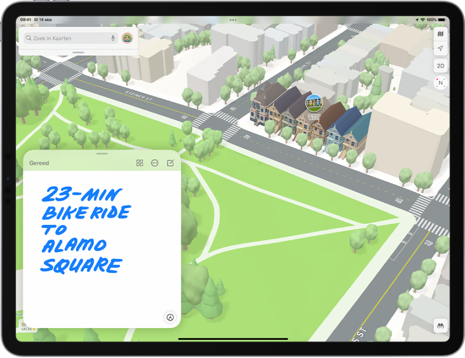 Een snelle notitie linksonder in een geopende kaart in de Kaarten-app.