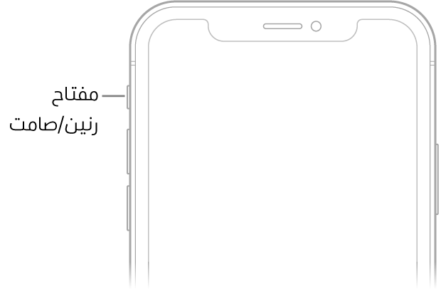 الجزء العلوي من الجزء الأمامي من iPhone ويعرض مفتاح رنين/صامت في أعلى اليسار، فوق أزرار الصوت.