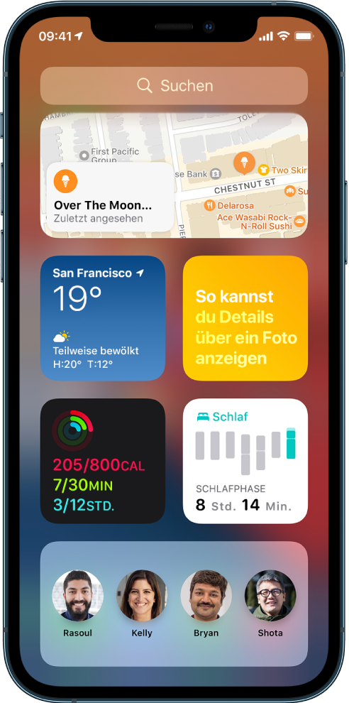 Das Widget „Karten“ und weitere Widgets auf einem iPhone-Bildschirm.