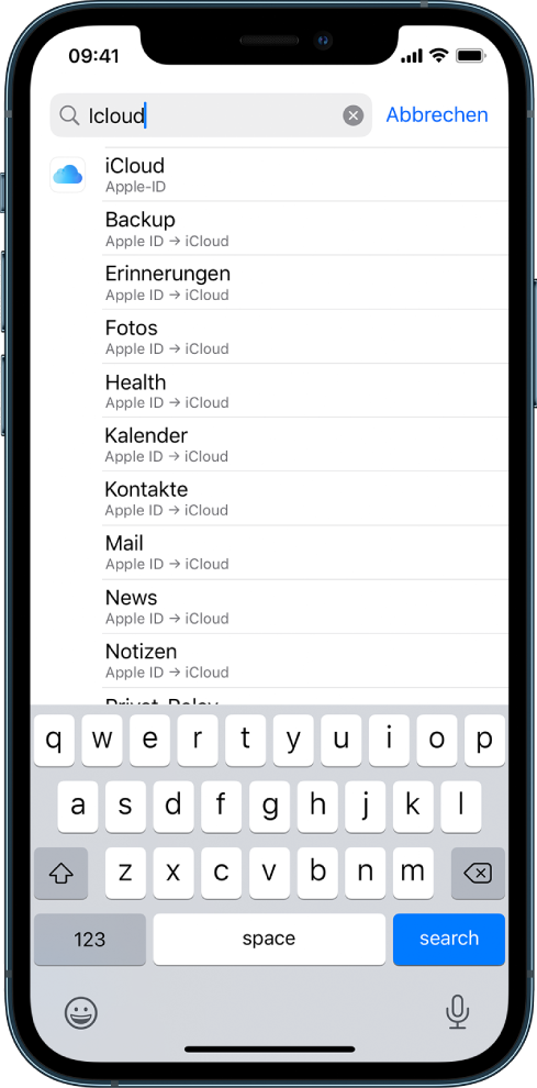 Der Bildschirm zum Suchen von Einstellungen mit dem Suchfeld oben. Im Suchfeld ist der Begriff „iCloud“ zu sehen. Die Liste darunter enthält die Einträge, in denen der Suchbegriff gefunden wurde.