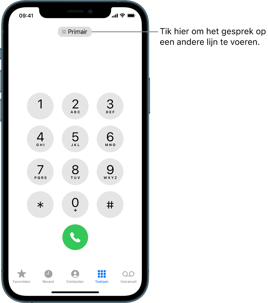 Het toetsenpaneel in Telefoon. Onder in het scherm zie je van links naar rechts 'Favorieten', 'Recent', 'Contacten', 'Toetsen' en 'Voicemail'.