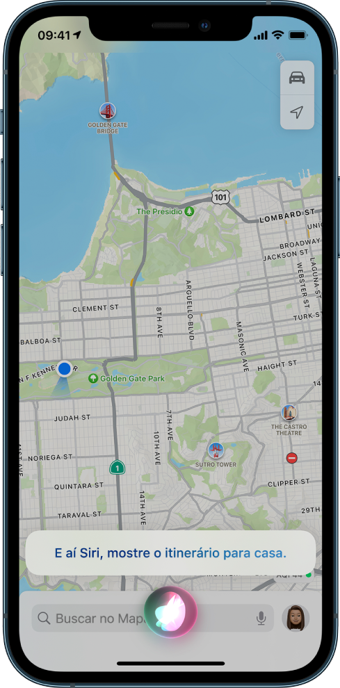 Um mapa mostrando a resposta da Siri a “Mostre o itinerário para casa” na parte inferior da tela.