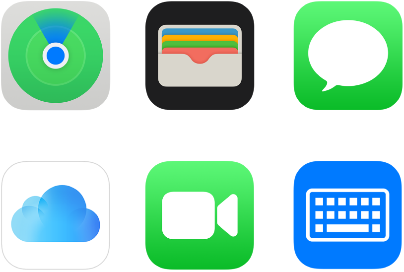 สัญลักษณ์ของบริการหกรายการที่ Apple มอบให้: “ค้นหาของฉัน”, กระเป๋าสตางค์, iMessage, iCloud, FaceTime และแป้นพิมพ์