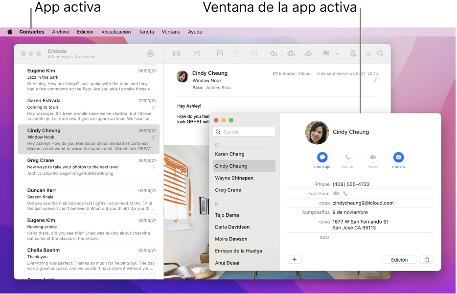 Un ejemplo de un escritorio con varias ventanas abiertas, pero sólo una app activa.