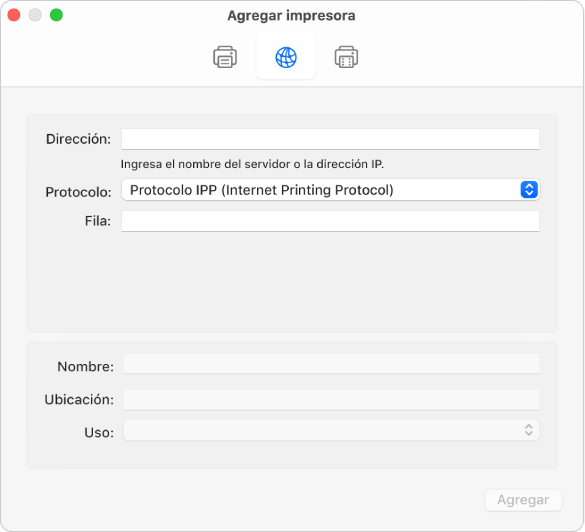 El cuadro de diálogo “Agregar impresora” mostrando las opciones para configurar una impresora con el protocolo IP.