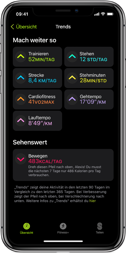 Der Tab „Trends“ in der App „Fitness“ auf dem iPhone. Unter der Überschrift „Trends“ wird oben auf dem Display eine Reihe von Messwerten angezeigt. Zu den Messwerten gehören unter anderem „Trainieren“, „Stehen“ und „Strecke“. Unter der Überschrift „Sehenswert“ wird „Bewegen“ angezeigt.