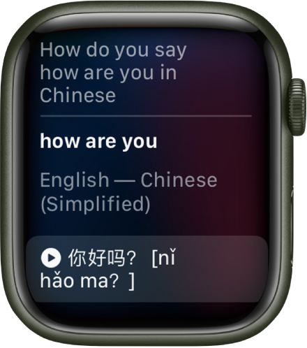 The Siri screen showing the words “How do you say how are you in Chinese.” The English translation is below.