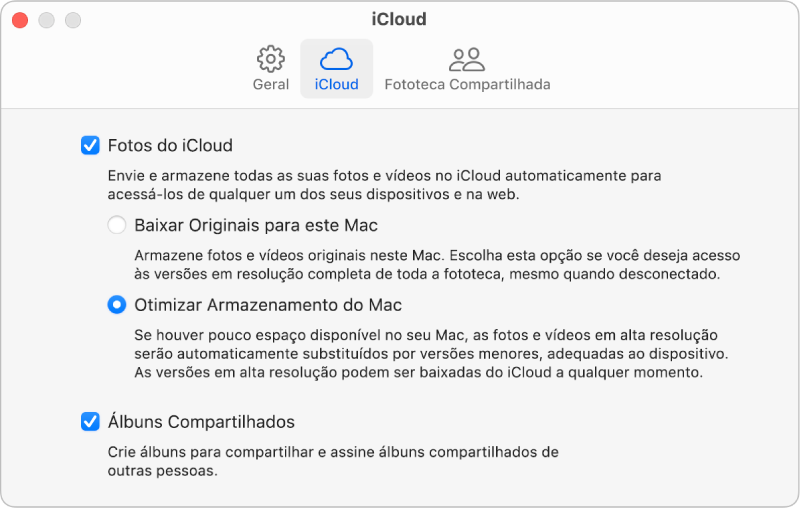 Painel iCloud dos ajustes do app Fotos.