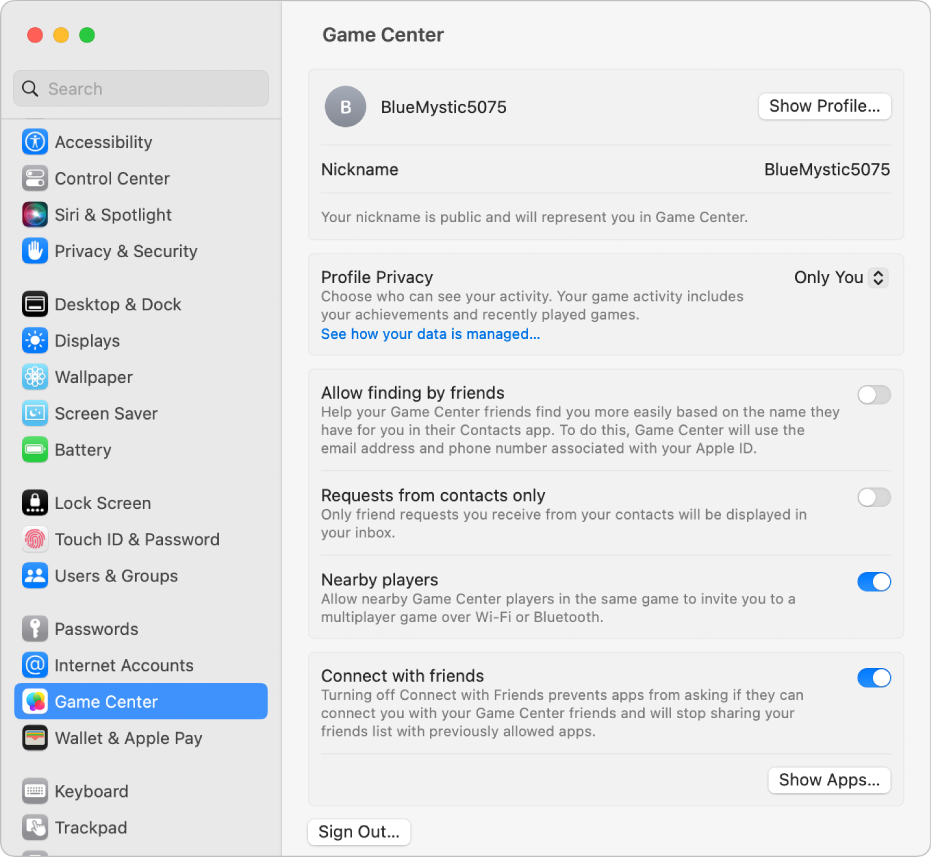 حساب Game Center محدد في حسابات الإنترنت، مع سرد لأصدقاء الألعاب على اليسار.