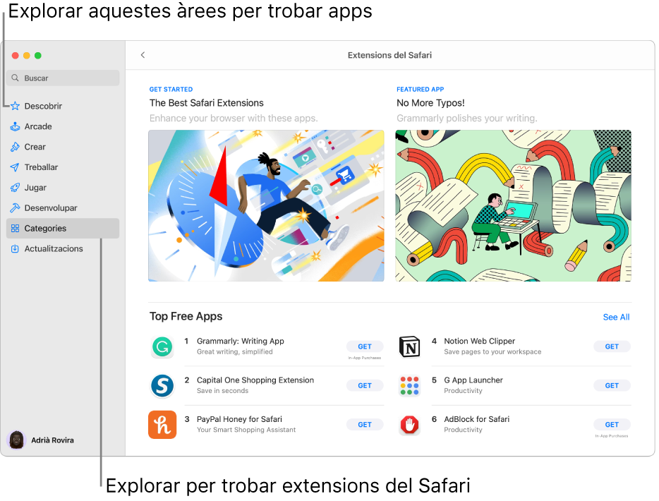 La pàgina “Extensions del Safari” de la Mac App Store. La barra lateral de l’esquerra inclou enllaços a altres pàgines: Descobrir, Arcade, Crear, Treballar, Jugar, Desenvolupar, Categories i Actualitzacions. A la dreta hi ha les extensions del Safari disponibles.