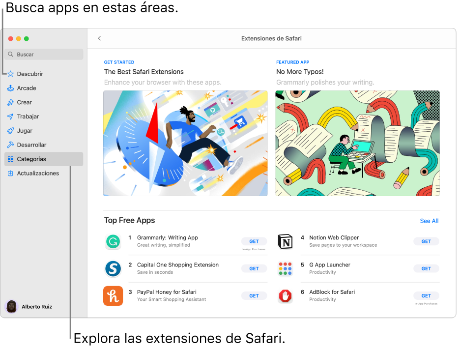 La página de Mac App Store de extensiones de Safari. La barra lateral de la izquierda incluye enlaces a otras páginas: Descubrir, Arcade, Crear, Trabajar, Jugar, Desarrollar, Categorías, y Actualizaciones. A la derecha se encuentran extensiones disponibles de Safari.