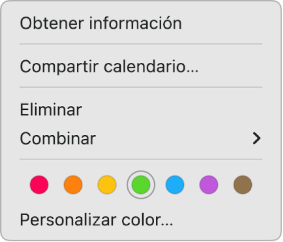 Un menú de función rápida de Calendario mostrando opciones para configurar el color de un calendario.