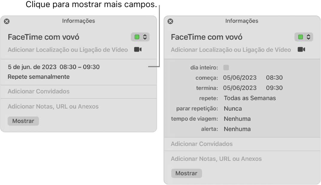 A imagem à esquerda mostra uma janela Informações não expandida para um evento. À direita, a janela Informações para o mesmo evento está expandida para mostrar campos adicionais, tais como começo, término, repetição e tempo de viagem.