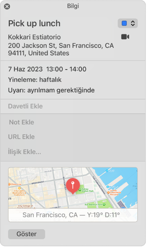 Takvim etkinliğinin Bilgi penceresi. Konum adı, adres ve küçük bir haritanın dâhil olduğu etkinlik ayrıntıları gösterilir.