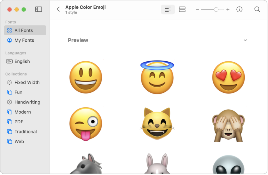 Fereastra Font Book afișând o previzualizare a fontului Apple Color Emoji.