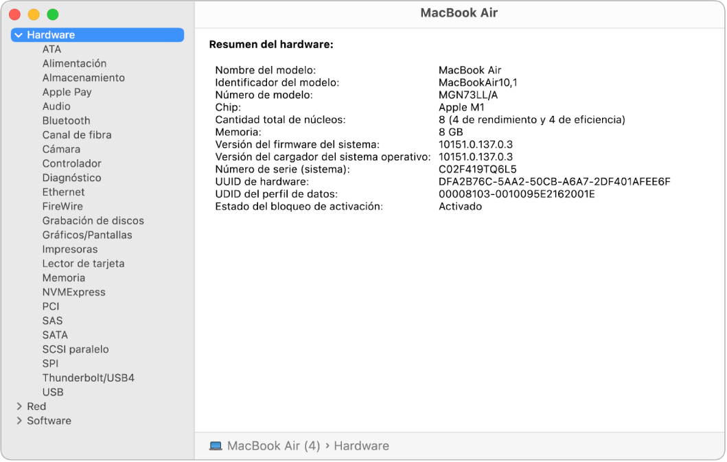 La sección “Información del hardware” de un informe del sistema.