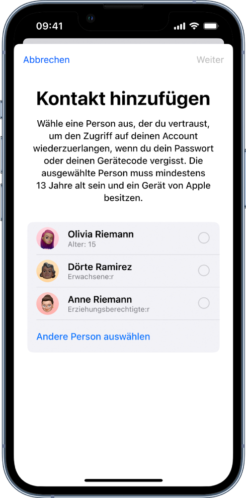 Der Bildschirm „Kontakt für Accountwiederherstellung“ zeigt vorgeschlagene Kontakte, die als Wiederherstellungskontakte gewählt werden können, sowie die Option, eine andere Person auszuwählen.