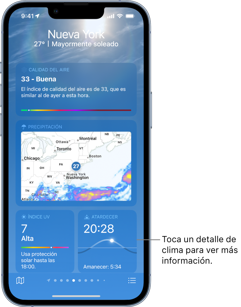 La pantalla de Clima mostrando la ubicación en la parte superior, y la temperatura actual, y las condiciones de clima. Más abajo están los siguientes detalles del clima: calidad del aire, precipitación, índice UV y puesta de sol.