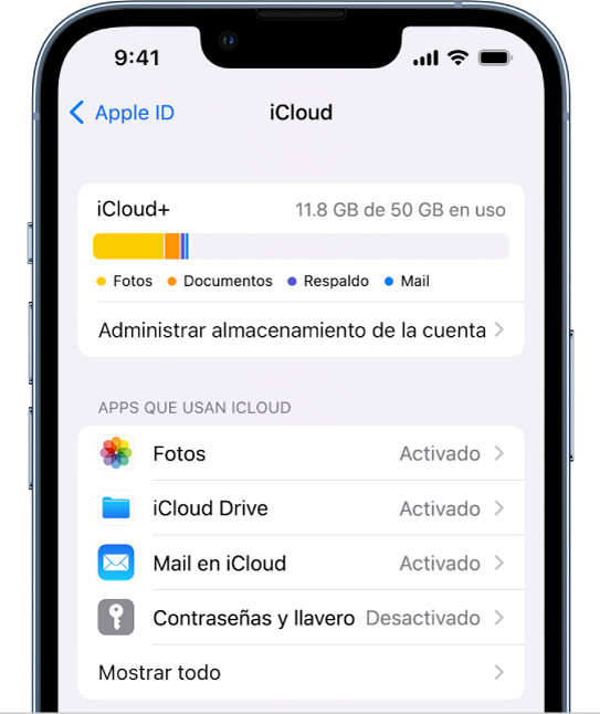 La pantalla de configuración de iCloud mostrando el indicador de almacenamiento de iCloud y una lista de funciones, como Fotos, iCloud Drive y Mail en iCloud que se pueden usar con iCloud.