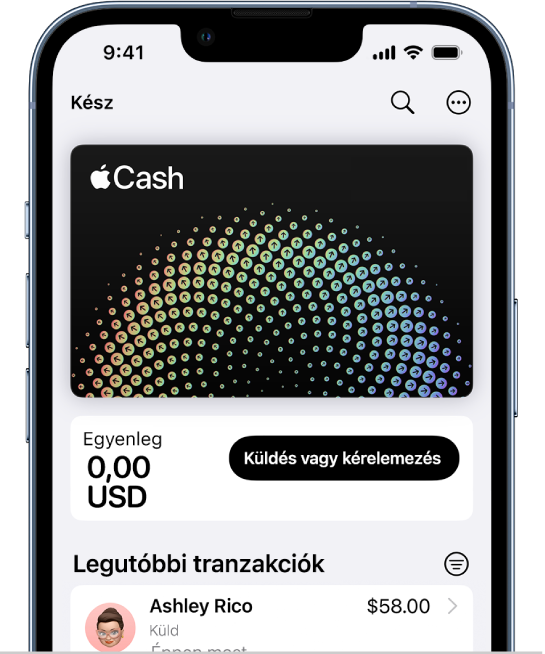 Az Apple Cash-kártya a Tárcában, ahol a jobb felső részen a Továbbiak gomb jelenik meg, középen a Fizetés és a Kérelmezés gombok láthatók, alul pedig a legutóbbi tranzakciók tekinthetők át.