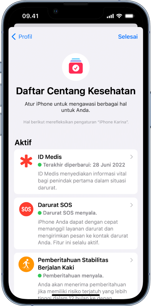 Layar Daftar Centang Kesehatan menampilkan bahwa ID Medis dan Pemberitahuan Stabilitas Berjalan Kaki aktif.