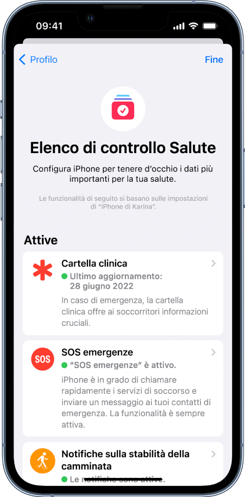 La schermata di “Elenco di controllo Salute” che mostra che “Cartella clinica” e “Notifiche sulla stabilità della camminata” sono attivi.