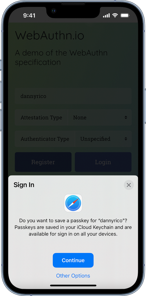 Apatinėje „iPhone“ ekrano pusėje yra galimybė prisijungti prie svetainės naudojant prieigos raktus. Jame yra mygtukas „Continue“, skirtas išsaugoti prieigos raktą, ir mygtukas „Other Options“.