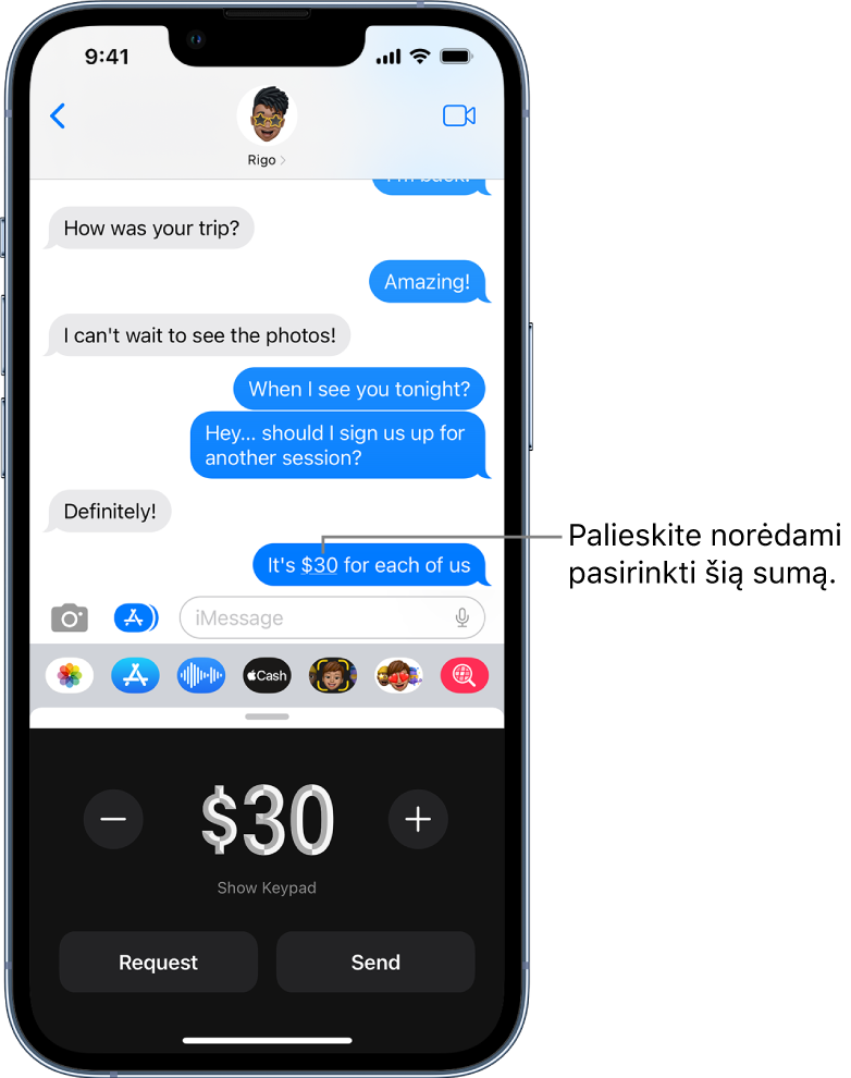 „iMessage“ pokalbis ir apačioje atidaryta programa „Apple Pay“.