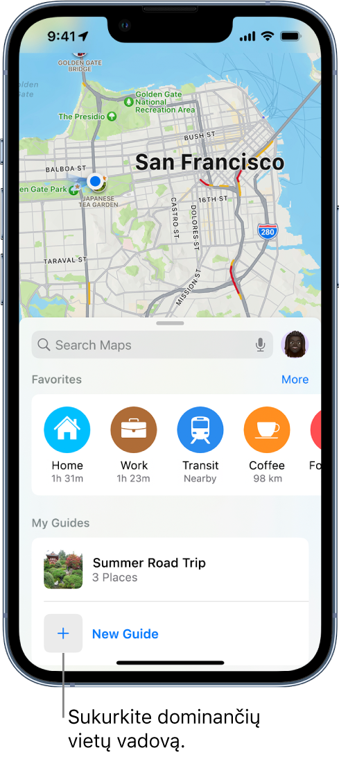 „Maps“ paieškos kortelė su mygtuku „New Guide“ apačioje.