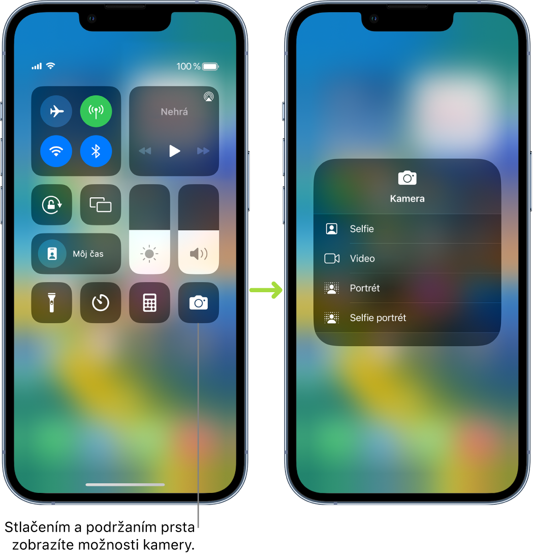 Dve obrazovky Ovládacieho centra vedľa seba. Na ľavej obrazovke sú v skupine vľavo hore vidieť ovládacie prvky pre režim lietadlo, mobilné dáta, Wi-Fi a Bluetooth. Vpravo dole sa nachádza ikona Kamera. Pravá obrazovka obsahuje ďalšie možnosti v menu rýchlych akcií pre apku Kamera: Urobiť selfie, Video, Odfotiť portrét a Urobiť selfie portrét.