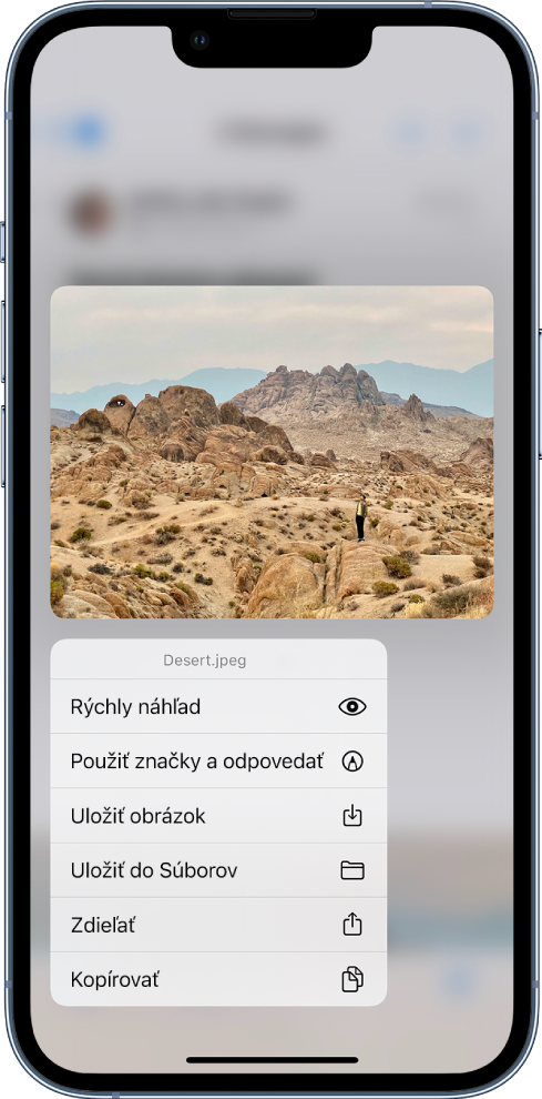 Po výbere prílohy emailu sa zobrazí zoznam možných akcií s možnosťami Rýchly náhľad, Použiť značky a odpovedať, Uložiť obrázok, Uložiť do Súborov, Zdieľať a Kopírovať.