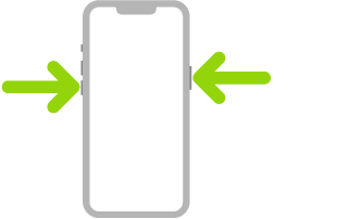 Një ilustrim i iPhone me shigjetat që tregojnë butonin anësor në anën e djathtë dhe një buton të rritjes së volumit në të majtë lart.