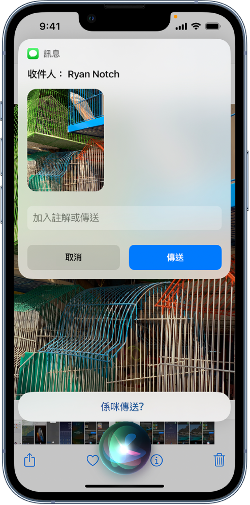 「相片」App 已開啟，其中有一張有四個人的相片。相片上方有一個收件人為「阿媽」的訊息。Siri 位於螢幕底部。