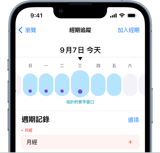 「經期追蹤」畫面靠近最上方有一個時間軸，顯示預估的受孕期間。