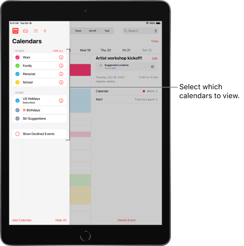 The list of calendars, with checkmarks indicating which calendars are active. The Done button for closing the list is in the top-right corner. The Add Calendar button is in the bottom-left corner.