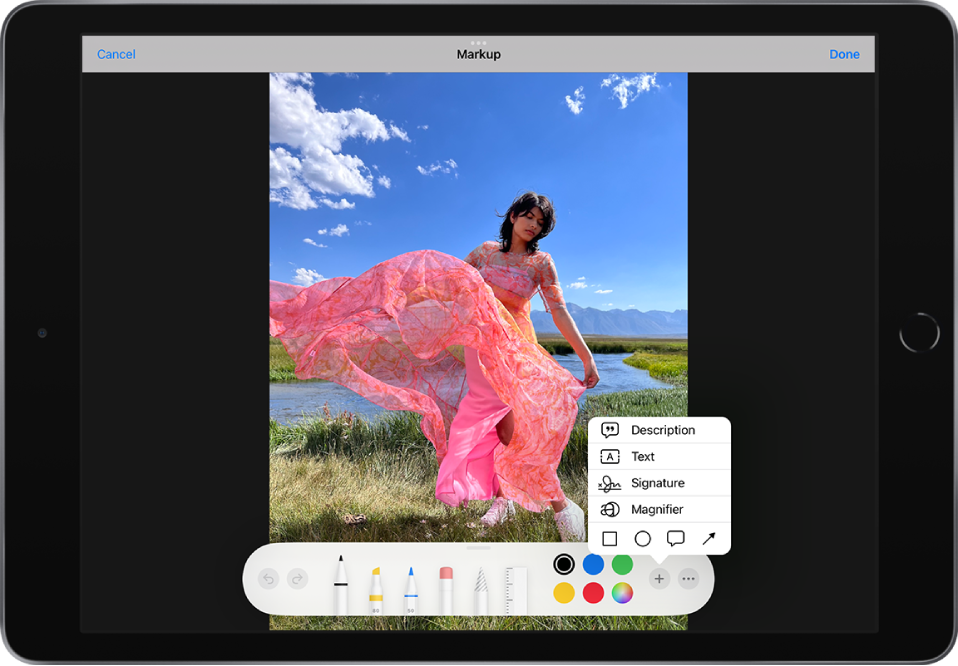 A photo of a person with a pink dress with Markup tools at the bottom. A menu with choices for adding a description, text, a signature, a magnifier, and shapes appears in the lower-right corner.