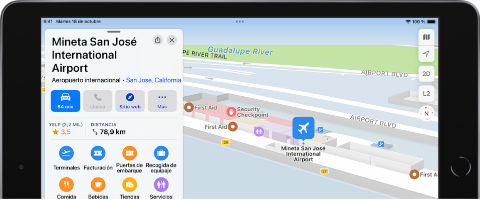 Plano de recinto de una terminal de aeropuerto. El mapa muestra las puertas de embarque, los aseos, un control de seguridad, las escaleras mecánicas y un punto de primeros auxilios.