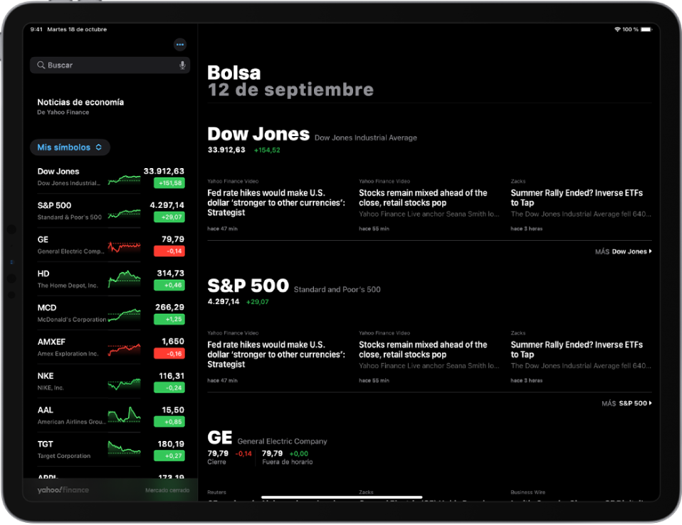 La pantalla de la app Bolsa en horizontal. El campo de búsqueda está en la esquina superior izquierda. Debajo del campo de búsqueda está la lista de valores favoritos. Una serie de artículos destacados relacionados con los valores de esa lista ocupa el resto de la pantalla.