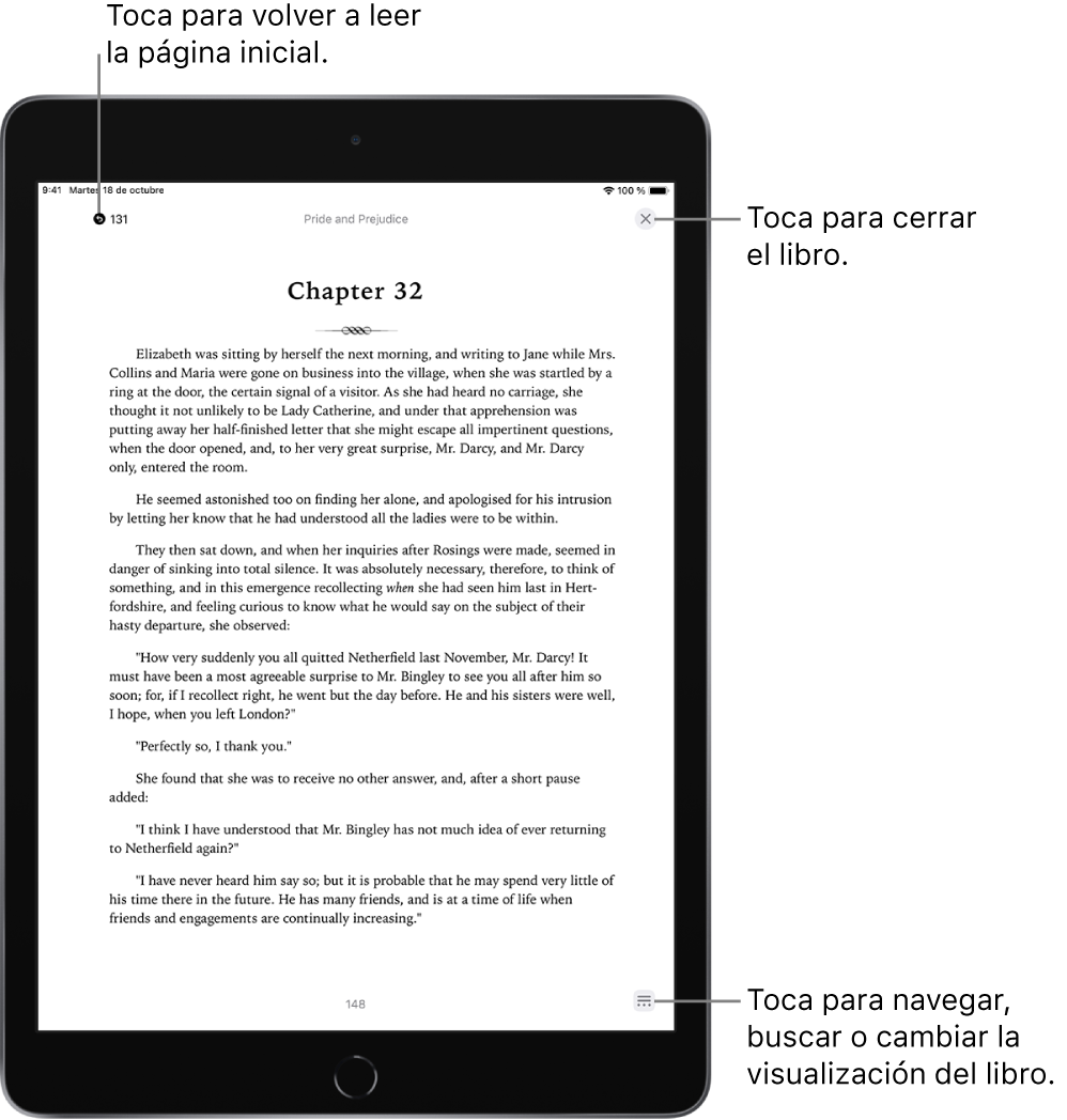 Página de un libro en la app Libros. En la parte superior de la pantalla están los botones para volver a la página en la que habías empezado a leer y para cerrar el libro. En la parte inferior derecha de la pantalla se encuentra el botón Menú.