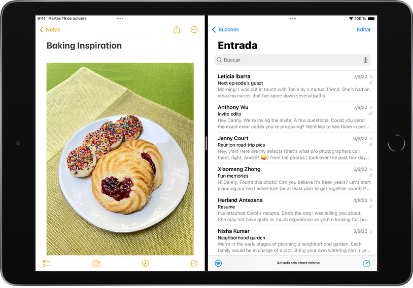 En el lado izquierdo de la pantalla, está abierta la app Notas, mientras que la app Mail está abierta a la derecha. Entre las apps hay un separador ajustable que permite cambiar el tamaño de Split View.